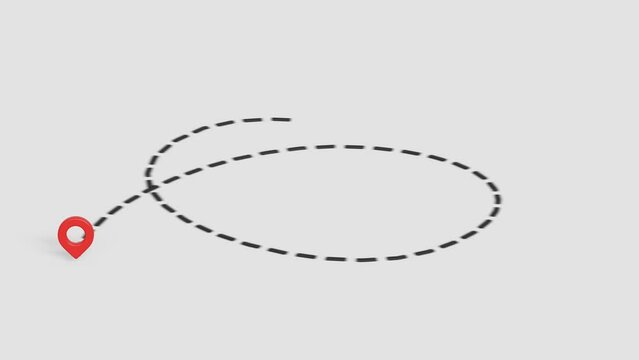 Destination or navigation concept. Tourism, flight route, discovery, geotag, geolocation or GPS navigation. 3D dotted path line with location pins animation