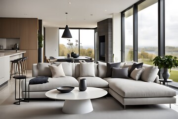  The modern living room of a contemporary home includes an angled canapé and a low table design. 