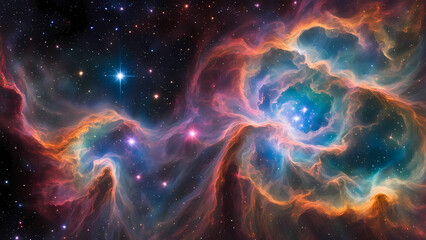 An image depicting a colorful and ethereal nebula in deep space, with swirling clouds of gas and dust illuminated by distant stars.