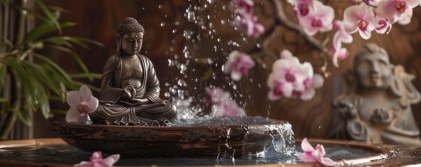 A beautifully crafted silver Buddha statue receiving a shower of orchid-infused water - obrazy, fototapety, plakaty