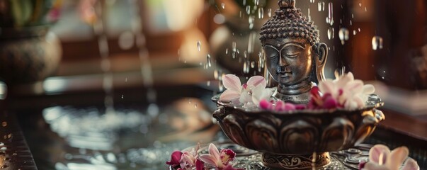 Fototapeta premium A beautifully crafted silver Buddha statue receiving a shower of orchid-infused water