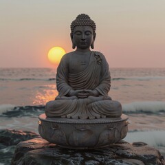 A Buddha statue set against a backdrop of the sea at sunrise where a solitary figure performs the bathing ritual