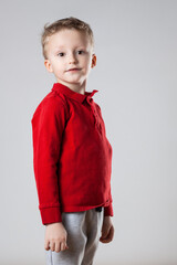Portrait of a happy little boy in red blouse standing upright and looking at camera.