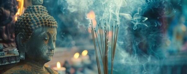 A close-up of incense sticks burning slowly beside a Buddha statue during the bathing