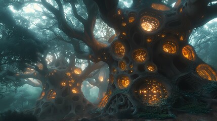 An ancient forest inhabited by sentient beings made of living wood, their intricate carvings and patterns glowing softly in the moonlight - obrazy, fototapety, plakaty