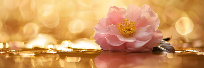 Pink flower on golden background - Valentine's day greeting card or banner idea