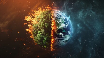 An Earth with one half in flames and the other lush green, depicting environmental contrast.
