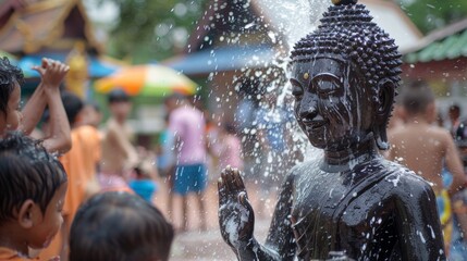 A lively scene of a Buddha statue at a community center