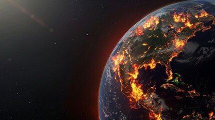 Planet Earth with fire spreading over continents, symbolizing global warming and environmental disaster.