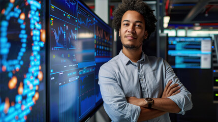 A dark-skinned African male expert in a business suit stands next to the monitors, which have many different graphs