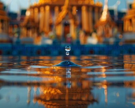 A minimalist shot of a blue water droplet about to hit a serene pond at a Thai temple