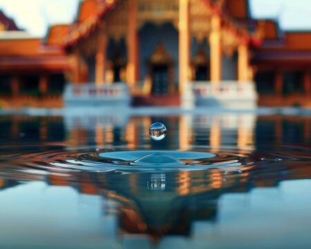A minimalist shot of a blue water droplet about to hit a serene pond at a Thai temple