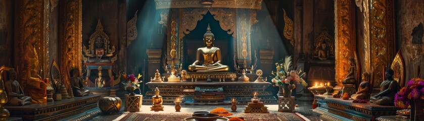 A panoramic view of a Buddha statue surrounded by ancient Thai artifacts