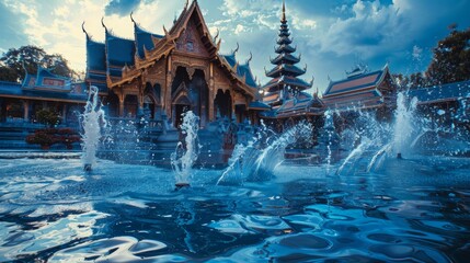 A photo essay depicting the contrast of the festive blue water splashes of Songkran against the quiet majesty of Thai temples - obrazy, fototapety, plakaty