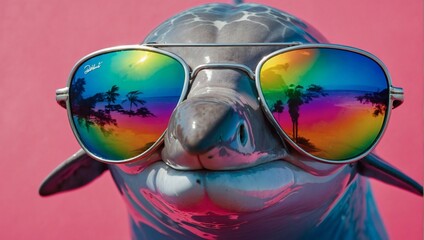Illustration of a sleek dolphin flaunts rainbow-hued mirrored sunglasses against a lively pink background.
