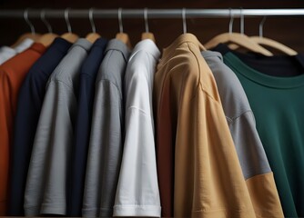 Obraz premium Close up of T-shirts on hangers, apparel background 