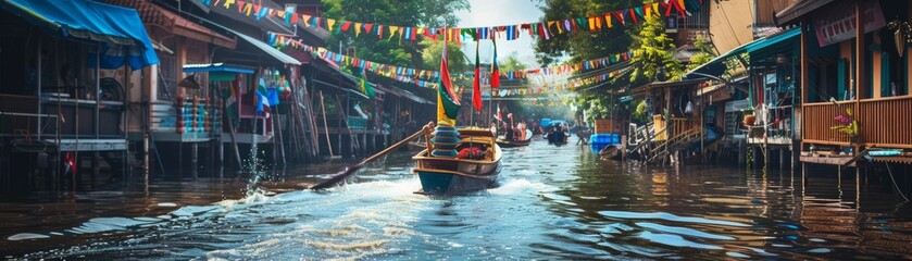 A serene canal in Thailand during Songkran boats decorated with flags