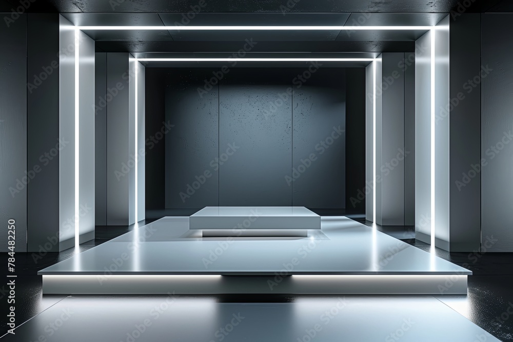 Poster An empty podium stands in a futuristic room, its sleek design blending with the abstract