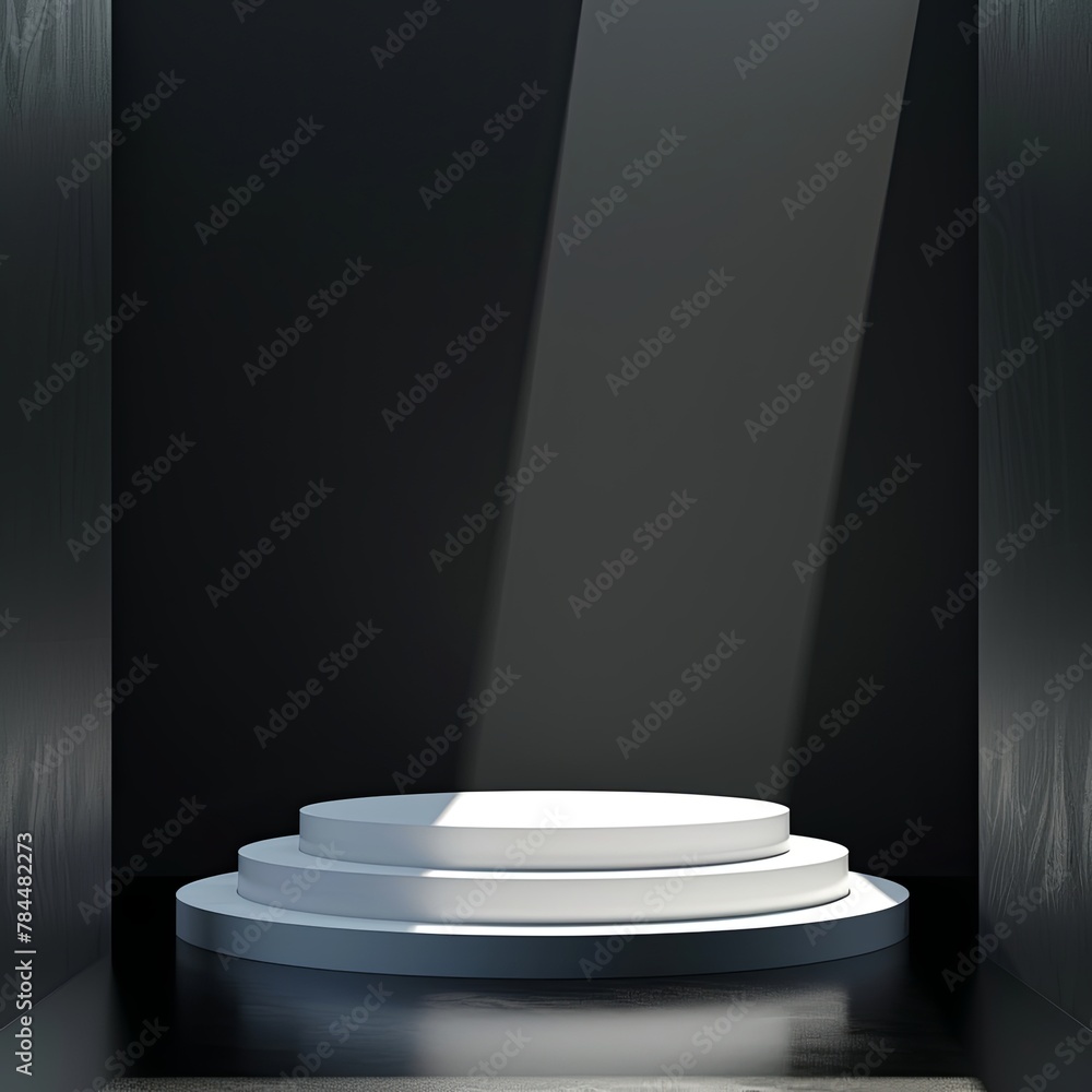 Poster an empty stage bathed in bright light, ready for a captivating show. the illuminated podium awaits