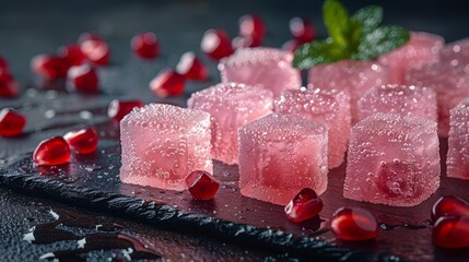   A black plate bearing a tableau of ice cubes and pomegranates atop