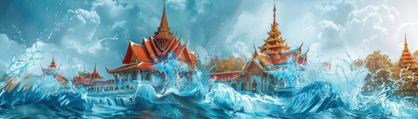 A Songkran music album cover featuring a splash of blue water against a stylized graphic of a Thai temple - obrazy, fototapety, plakaty