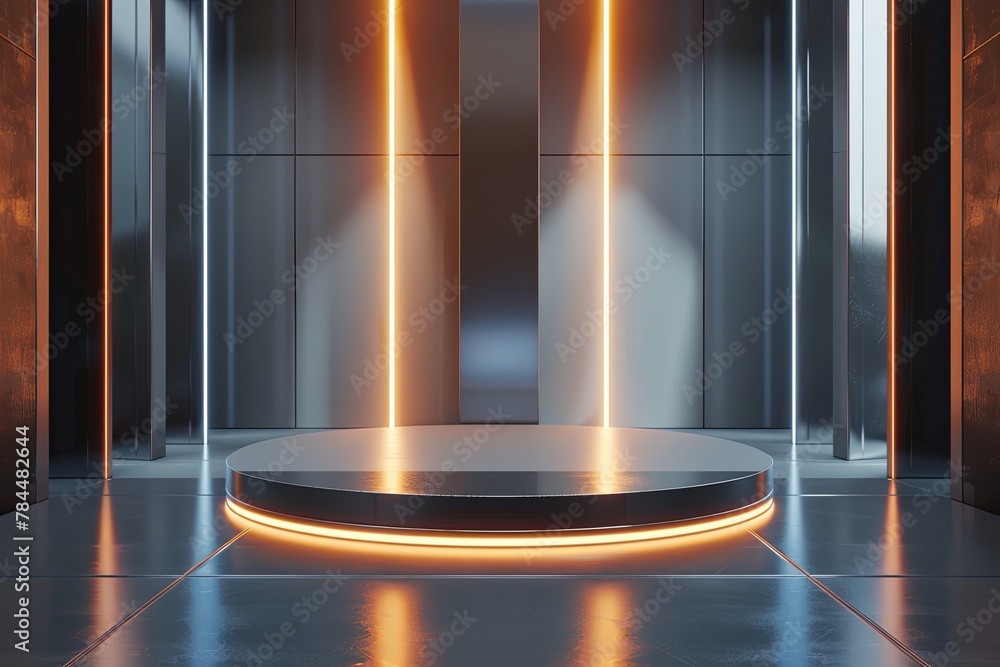 Aufkleber Futuristic stage design: An empty room with a modern abstract backdrop illuminated by glowing neon