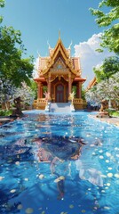 A Songkran-themed virtual classroom setting where students learn about Thai architecture and traditions