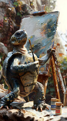 Fototapeta na wymiar Painter Turtle Crafting Masterpiece on Isolated Canvas with Cinematic Photographic Style
