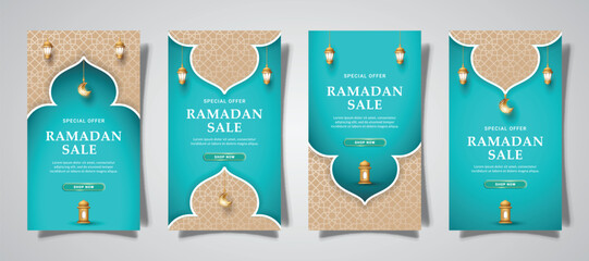 islamic social media stories with lantern ornament and realistic effect template vector