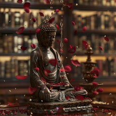 An antique Buddha statue in a library being bathed with rose petals and herbal water