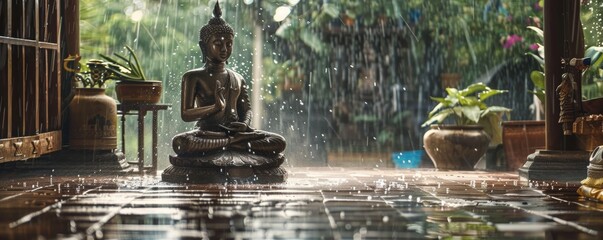 An atmospheric shot of a Buddha statue on a porch during a rainstorm - obrazy, fototapety, plakaty