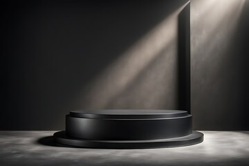 Black steel podium with sun shadow for product display in iron shape background