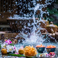 An elegant Thai tea ceremony disrupted by playful Songkran splashes - obrazy, fototapety, plakaty
