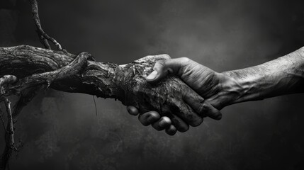 Monochromatic symbolic depiction of the hand-in-hand relationship between man and nature - obrazy, fototapety, plakaty
