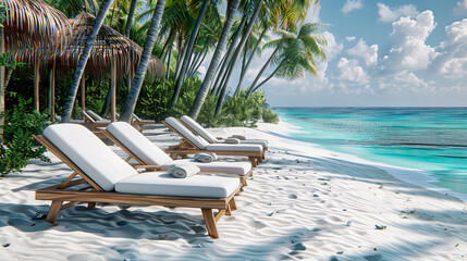 Luxurious Tropical Beach Resort with Sun Loungers and Umbrellas, White Sandy Beach, Perfect for a Honeymoon