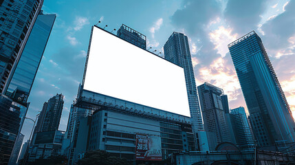 low angle view of giant blank white billboard on the street, big city advertisement, cosmopolitan - obrazy, fototapety, plakaty