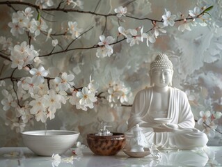 Asian New Year Buddha bathing setup floral arrangements