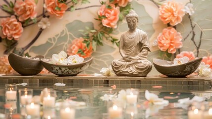 Asian New Year Buddha bathing setup sacred flower garlands