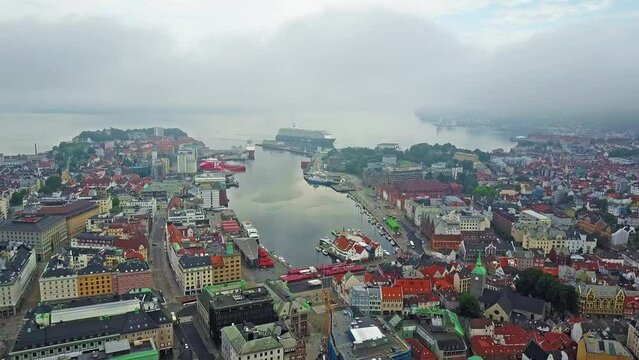 Bryggen aerial panoramic view. Bryggen is a series commercial buildings at the Vagen harbour in Bergen сшен, Norway.