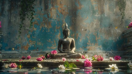 Atmospheric scene of a Songkran ritual with a Buddha statue set against an ancient wall