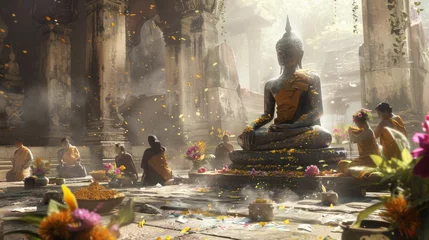 Fotobehang Atmospheric scene of a Songkran ritual with a Buddha statue set against an ancient wall © WARIT_S