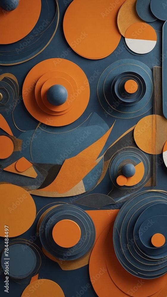Poster this image showcases array of circular shapes, curved lines in harmonious composition, predominantly