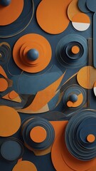 This image showcases array of circular shapes, curved lines in harmonious composition, predominantly featuring shades of orange, blue, grey, creating abstract art piece with sense of depth.