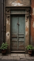 Weathered teal double door, adorned with rectangular panels, rusted metal lock, stands closed within dilapidated stone doorway of old building; flaking paint.