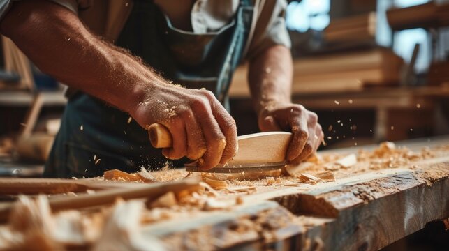 Carpenter are working in joinery making wooden furniture