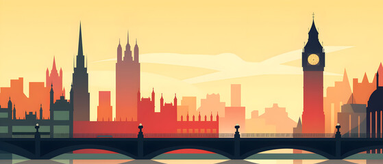 Drawing with London at sunrise.  Cartoon illustration with Big Ben.