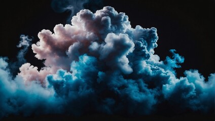 Illustration of azure and baby blue fluffy pastel ink smoke cloud against a black background.