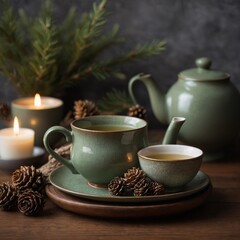 Obraz na płótnie Canvas Serene, cozy atmosphere captured where steaming cup of tea sits next to smaller bowl of tea, both resting on round wooden tray. Green ceramic teapot matches cups, suggesting set,.