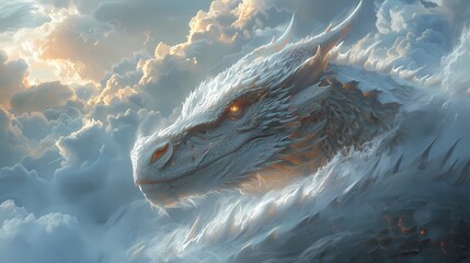 A close-up of a dragon's head emerging from a bank of clouds, its piercing eyes fixed on the horizon - obrazy, fototapety, plakaty