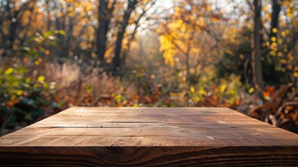 Naklejka na ściany i meble empty wooden tabletop podium in open garden forest, blurred background of autumn plants with space. organic product present natural placement pedestal display, autumn concept